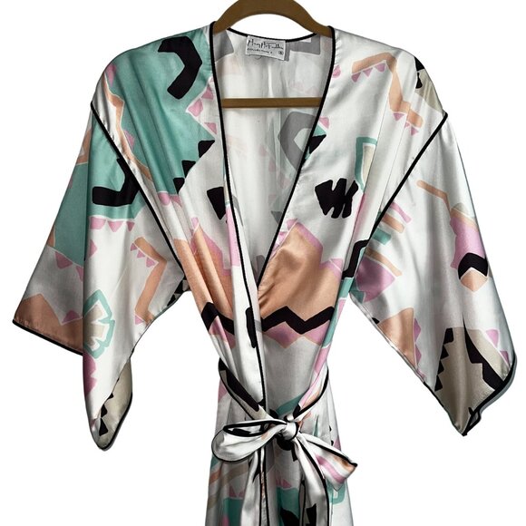 Mary McFadden Collection I Silky Kimono Robe Geometric Abstract Print Satin S - Picture 10 of 15